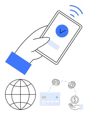 Ödeme onayı, bağlantılı kredi kartı, bozuk para ve küreyle el ele tutuşan akıllı telefon. Finans, teknoloji, küresel ekonomi, e-ticaret, güvenli işlemler için ideal dijital ödeme fintech