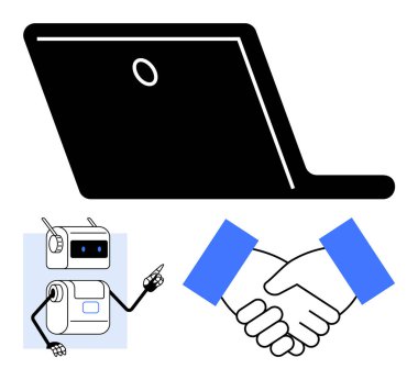 Dizüstü bilgisayar, robot ve tokalaşmayı sembolize eden teknoloji gelişimi, otomasyon, işbirliği, çalışmanın geleceği, yapay zeka, ortaklık ve dijital dönüşüm. Temalar için ideal başparmaklar