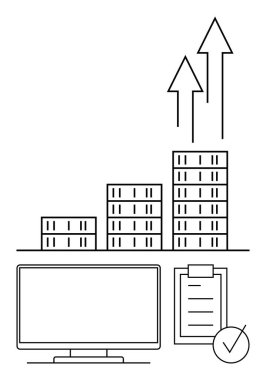 Büyümeyi gösteren oklar, bilgisayar monitörü ve kontrol listesi ve işaretli pano ile çubuk grafiği artırılıyor. İş stratejisi, mali planlama, piyasa analizi ve proje yönetimi için ideal