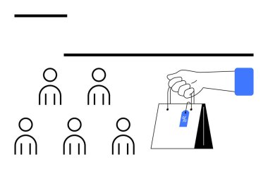 Altı basit rakam, indirimli bir alışveriş çantası tutan bir el. Pazarlama, e-ticaret, müşteri ilişkileri, satış tanıtımı, reklamcılık, tüketici davranışı, görsel metafor için ideal. Çizgi
