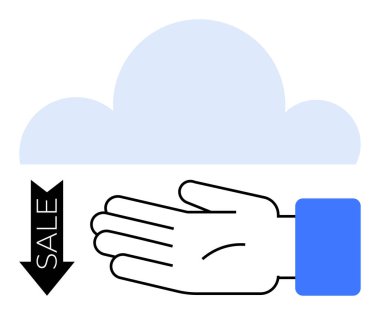 Bulut, el uzatan avuç içi, aşağı doğru satılık ok. Teknoloji, bulut hesaplama, pazarlama ve indirimler için idealdir. El işaretleri ulaşılabilirlik sağlar. Çizgi