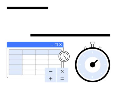 Hesaplayıcı para birimi sembolü çizelgesi ve kronometre bütçe yönetimini resmediyor. Finansal planlama, verimlilik, zaman yönetimi, bütçe hesaplaması, analitik, üretkenlik ve maliyet kontrolü için ideal. Çizgi