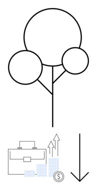 Üç dairesi olan ağaç büyümeyi, evrak çantasını ve aşağı doğru giden okun karşıtlığını gösteren bar grafiklerini temsil ediyor. İş, yatırım, ekonomi, büyüme, düşüş, finans risk yönetimi için ideal