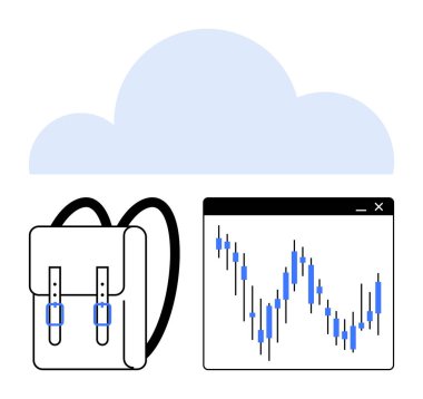 Seyahat ihtiyaçlarını ve veri analizini temsil eden mavi bulutların altında şamdanlar bulunan sırt çantası ve finansal stok grafiği. Finans, seyahat, teknoloji, eğitim, bulut hesaplama, hisse senedi ticareti için ideal