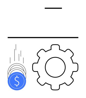 Mali mekanizmayı, verimliliği, otomasyonu, üretkenliği, yatırımı, karı, işlem gelişimini temsil eden ikon ve düşen madeni paralar. İşletme ve finans teknolojisi için ideal