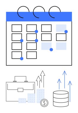 Vurgulanmış tarihler, evrak çantası, istiflenmiş paralar, dolar işareti ve büyümeyi ve yatırımı simgeleyen yukarı doğru oklarla dolu bir takvim. Finansal planlama, iş stratejisi, zaman yönetimi için ideal