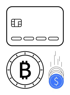 Kredi kartı, Bitcoin sembolü ve dijital para birimleri düşüyor. Finans, bankacılık, dijital ödemeler, kripto para birimi, e-ticaret finansal teknolojisi çevrimiçi işlemler için idealdir. Satır metaforu