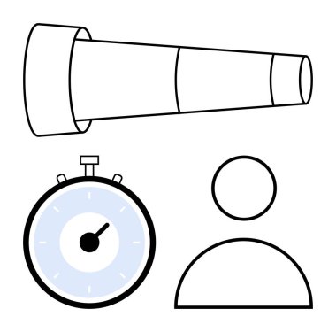 Teleskop kronometre kişi simgesi. Odaklanma zamanı yönetimi, strateji, kişisel büyüme, vizyon, verimlilik, hedef belirleme için ideal. Mavi aksanlı tek renkli. Satır metaforu