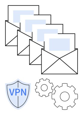 Multiple emails, VPN shield icon, gear icons symbolizing technical settings. Ideal for digital security, privacy, email safety, VPN usage, technical settings online communication IT solutions. Line clipart