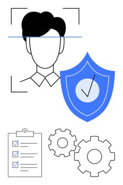 Facial recognition scan on person, security shield with checkmark, checklist with checkmarks, gears. Ideal for cybersecurity, system integration, technology, privacy protection, verification clipart