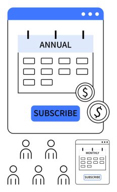 Calendar with annual subscription option, monthly subscription on smaller screen, two coins, five user icons, Subscribe button. Ideal for business plans, membership models, pricing, financial clipart