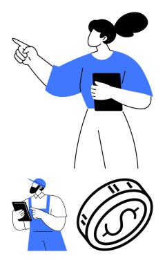 Kadın işaret ediyor, kepli işçi tablet kontrol ediyor, dolar sembollü büyük para. İş stratejisi, takım çalışması, finans, yönetim, teknoloji endüstrisi iletişim temaları için ideal. Satır metaforu