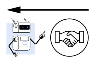 Robot with digital face pointing at handshake symbol encircled in black alongside a left-pointing arrow. Ideal for technology, partnership, progress, future, collaboration, AI, and business. Line clipart