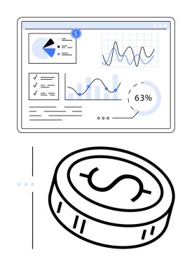 Finans grafikleri, pasta grafikleri, ilerleme göstergeleri ve bir doların üzerindeki listeleri gösteren bilgisayar ekranı. Finans, veri analizi, iş stratejisi, mali planlama ve raporlama için ideal