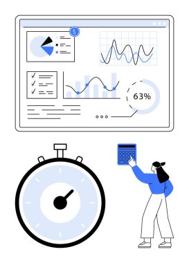İş analizi paneli kronometresi olan kadın elinde hesap makinesi tutuyor. Analiz, verimlilik, zaman yönetimi, iş planlaması, finansal raporlama, veri görselleştirme, sunumlar için idealdir. Çizgi