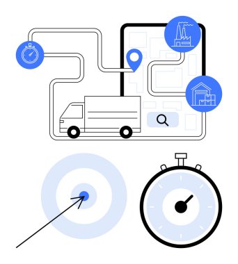 Dijital haritadaki kamyon iki mavi lokasyon kronometresi ve hedef çemberi. Lojistik, dağıtım takibi, rota optimizasyonu, tedarik zinciri, zaman yönetimi, hassasiyet ve verimlilik için ideal. Çizgi