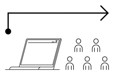 Black arrow pointing right, laptop with screen outline, and six person outlines in groups indicate digital teamwork, education, online communication, progression, organization, collaboration, growth clipart