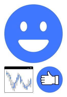 Blue smiling face, candlestick stock market graph, and thumbs-up icon form a visual metaphor for positive financial trends. Ideal for business reports, financial success, market analysis, economic clipart