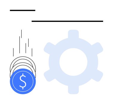 Blue coins with dollar signs falling beside a light blue gear, black lines above. Ideal for finance, business, automation, investment, economic development, technology startups. Line metaphor clipart