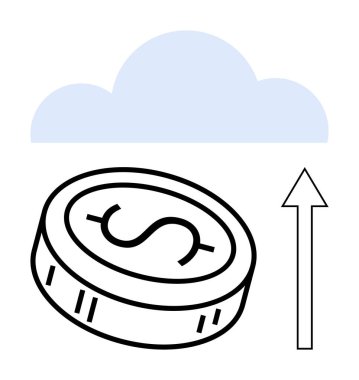 Dolar parası, mavi bulut ve yukarı bakan ok. Finansal hizmetler, çevrimiçi bankacılık, bulut hesaplama, yatırımlar, ekonomi dijital para birimi büyüme stratejileri için idealdir. Satır metaforu
