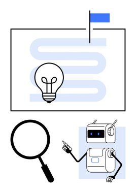 Labirent robotunun içindeki ampul yükseltilmiş cam büyüteçle yenilik, araştırma, teknoloji, problem çözme, yaratıcılık, gelecek ve keşif. Teknoloji, eğitim ve bilim için ideal