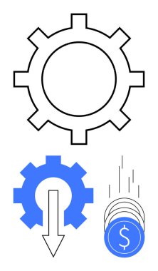 Büyük teçhizat, aşağı doğru ok ve dolar işaretli bozuk paralar. İş süreci için ideal, verimlilik artışı, maliyet indirimi, finansal büyüme, üretkenlik otomasyon yönetimi. Çizgi