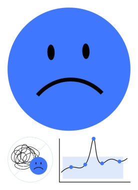 Mavi üzgün surat, dağınık karalama ve dalgalanan çizelge duygusal mücadeleleri vurguluyor. Zihinsel sağlık, stres, ruh hali izleme, terapi, duygusal farkındalık, kişisel gelişim ve içgözlem için idealdir. Çizgi