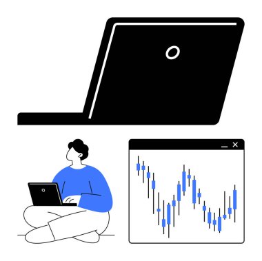 Dizüstü bilgisayarla yan yana oturan bir adam, borsa verilerini büyük dizüstü bilgisayar ve şamdan grafiğini analiz ediyor. Finans, veri analizi, ticaret, eğitim, sunumlar, yatırım, üretkenlik için ideal