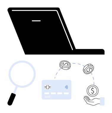 Laptop, büyüteç, kredi kartı, bozuk para ve el ikonu güvenli çevrimiçi işlemleri gösteriyor. Finansal teknoloji, e-ticaret, siber güvenlik, banka dijital ödemeleri verileri için ideal