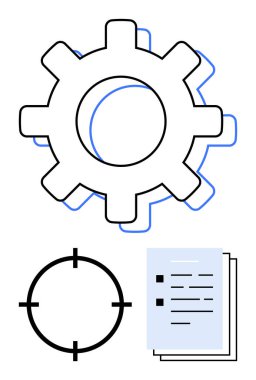 Vites simgesi, odaklanma hedefi ve belge yığını mekanik verimliliği, hassas hedeflemeyi ve organize belgeleri sembolize ediyor. İş süreçleri, verimlilik ve proje planlaması için ideal