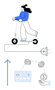 Elektrikli scooter kullanan kadın elektrik prizi ikonu, yakındaki bozuk paralar, kredi kartı ve yükselen bir okla çalışıyor. Sürdürülebilirlik, ulaşım, finans, teknoloji, çevre dostu yaşam tasarrufu için ideal