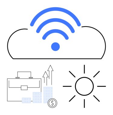 Kablosuz sembollü bulut, evrak çantası, yükselen ok grafikleri ve güneş olan dolar sikkesi. Teknoloji, iş büyümesi, finans, yenilenebilir enerji, dijital dönüşüm için ideal ekonomik ilerleme