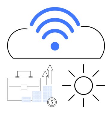 Cloud with wireless symbol, briefcase, dollar coin with graphs of rising arrows, and sun. Ideal for technology, business growth, finance, renewable energy, digital transformation economic progress clipart