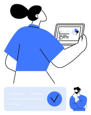 Tabletlere ve grafiklere bakan bir kadın ve düşüncelere dalmış bir adam. İş stratejisi, analiz, takım çalışması, planlama, karar verme, veri görselleştirme proje yönetimi için idealdir. Çizgi