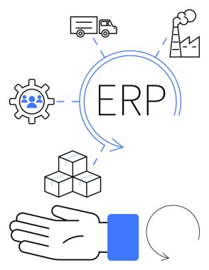 ERP sembolü, fabrika, kamyon, insanların olduğu ekipman, el, kutular, geri dönüşüm oku. İş yönetimi, tedarik zinciri optimizasyonu HR lojistik sürdürülebilirliği ve kaynak planlaması için ideal