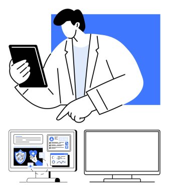 Businessperson bir tablet tutuyor ve veri ve çizelge dolu bir bilgisayar ekranını işaret ediyor. İş, teknoloji, veri analizi, dijital iletişim, proje yönetimi ve uzak çalışma için ideal