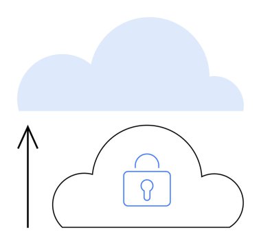 Ok, içinde kilit simgesi olan bulutu işaret ediyor. Veri güvenliği, bulut depolama, dijital gizlilik, siber güvenlik, şifreleme, güvenli veri erişimi, bulut bilgisayarı için ideal. Satır metaforu