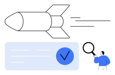 Roket yukarı doğru gidiyor, elinde büyüteç olan kişi verileri işaretli olarak analiz ediyor. Yenilik, başarı, hedefler, araştırma, başlangıç büyüme başarısı ve kalite güvencesi için ideal. Çizgi