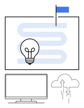 Bir bilgisayar ekranı ve veri bulutunun yanında, yeniliği temsil eden bir bayrağa giden ampul ve dolambaçlı yol. Teknoloji, yaratıcılık, yenilik, hedef belirleme, veri depolama, dijital strateji için ideal