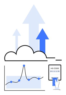 Oklar bulut üstüne grafiksel el giriş kodları üzerinden yükselir. Teknoloji, veri, büyüme, güvenlik, yenilik, iş, analitik için idealdir. Satır metaforu