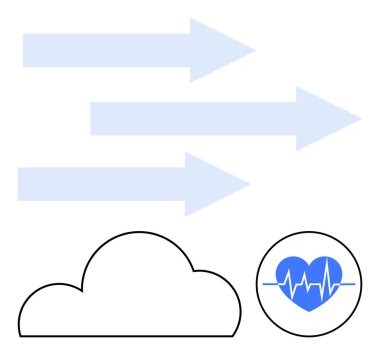 Oklar sağı gösteriyor, bulut ana hatları, kalp atışları olan kalp. Bulut hesaplama, sağlık, dijital sağlık, tıbbi uygulamalar, teknolojik gelişmeler veri akışı iş stratejisi için idealdir. Satır metaforu
