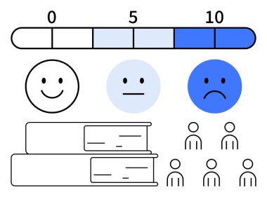 Mutlu nötr ve üzgün yüzleri temsil eden duygu simgeleri 0 ile 10 arasında derecelendirilir, kitaplar ve bir grup insan. Müşteri memnuniyeti, geri bildirim, değerlendirme, eğitim, anketler, araştırma, veri