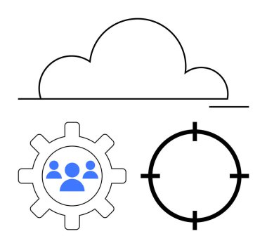 Cloud icon with a team inside gear symbol and target mark on plain background. Ideal for tech, teamwork, business strategy, cloud solutions, project management, targeting, goals. Line metaphor clipart