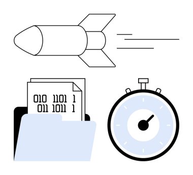 Uçuş kronometresindeki roket aciliyeti ve dosya klasöründeki ikili kod belgesini gösteriyor. Zaman yönetimi, teknoloji, veri işleme, verimlilik, hız, son teslim tarihleri için ideal