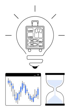 Lightbulb with suitcase, declining line graph, and hourglass representing planning, strategy, and time management. Ideal for business presentations, project planning, investment strategies clipart