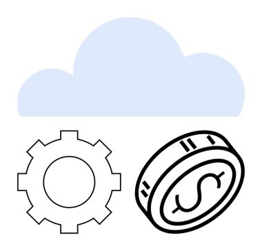 Bir dişlinin üzerindeki bulut şekli ve madeni para ikonu teknolojik ilerlemeyi, finansal büyümeyi ve operasyonel verimliliği resmediyor. Finans, bulut hesaplama, teknoloji entegrasyonu ve ekonomi için ideal