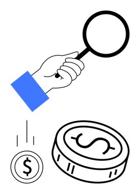 Düşen paranın üzerinde büyüteç ve dolar işaretli büyük para. Finans, yatırım, analiz, tasarruf, bankacılık, zenginlik, ekonomi konuları için idealdir. Satır metaforu