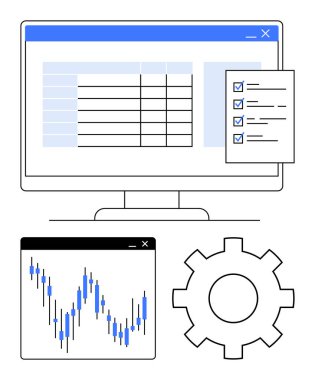 Hesap tablosunu, kontrol işaretli listeyi, veri eğilimlerini analiz eden grafikleri ve büyük vites sembolize eden ayarları gösteren bir monitör. İş analizleri, veri yönetimi, mali analiz için ideal