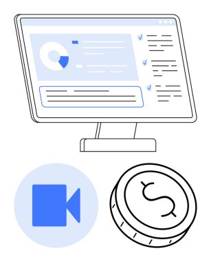 Bilgisayar ekranında veri ve grafikler, video kamera simgesi ve dolar işaretli para var. İçerik oluşturma, çevrimiçi iş, mali analitik, dijital pazarlama, uzaktan çalışma, e-öğrenme için ideal