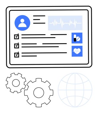 Kullanıcı profilli tablet ekranı, kalp atışı grafiği, tıbbi kontrol listesi, haplar ve kalp ikonları. Tıbbi sistem entegrasyonu, dijital sağlık hizmetleri ve tanılar için dişliler ve küreseller. Satır metaforu